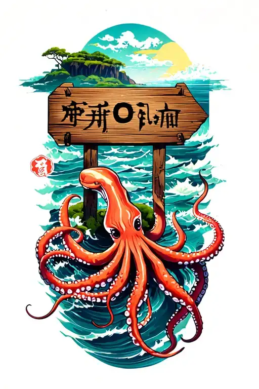 ocean scene with giant squid small island with two way wooden sign tattoo design idea