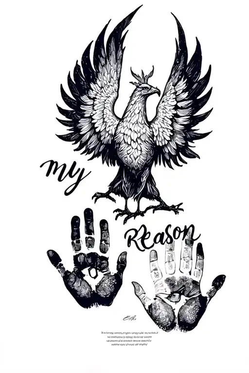 Phoenix with two children’s handprints with the words my reason  tattoo design idea