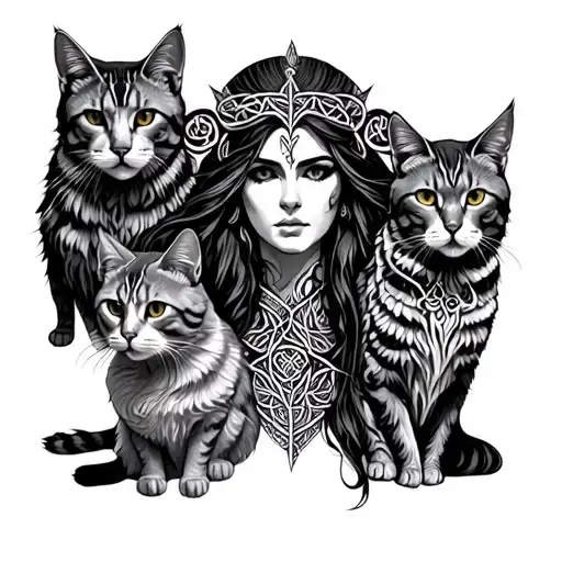 celtic freya portrait with 3 cats arround tattoo design idea