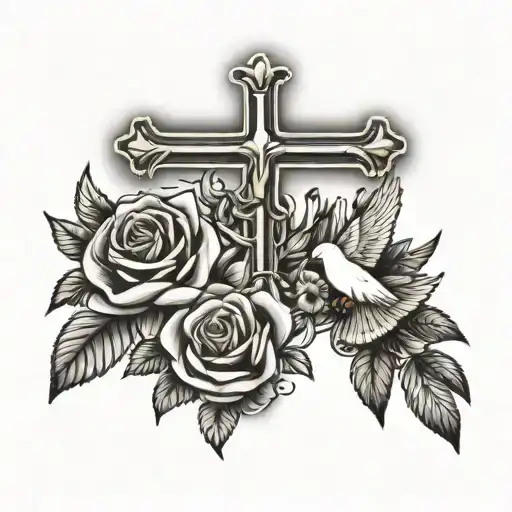 cross with roses and doves flyig away   tattoo design idea