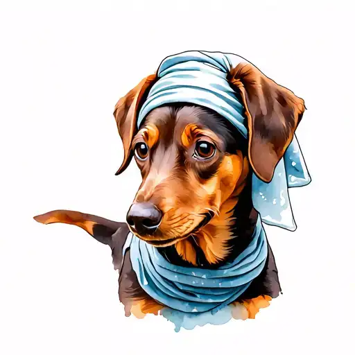 brown dachshund in a headscarf watercolor retro style tattoo design idea