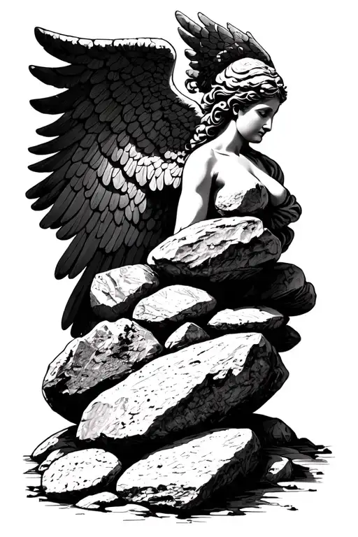 acropolis, meander, stones, sculpture dynamic Angel tattoo design idea