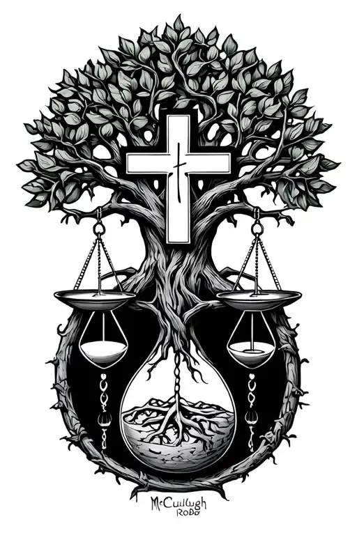 "McCullough Robbs" "McCullough Robbs"  tree of life intertwined with cross, libra scales and a hourglass  tattoo design idea