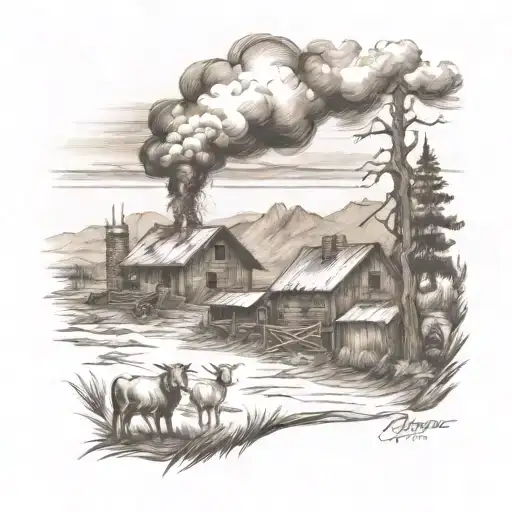 A stylized wildfire scene with farmyard tattoo design idea