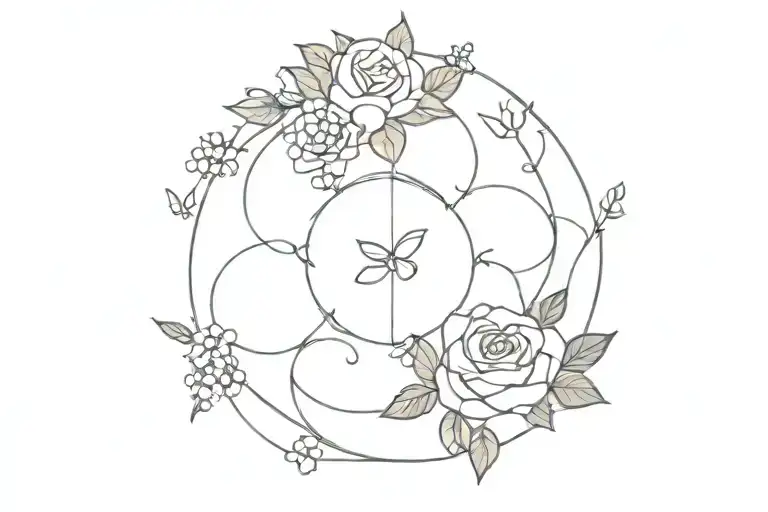 Three broken circles, rose, daphadile, forget me not, dove and 21.03.2024 tattoo design idea