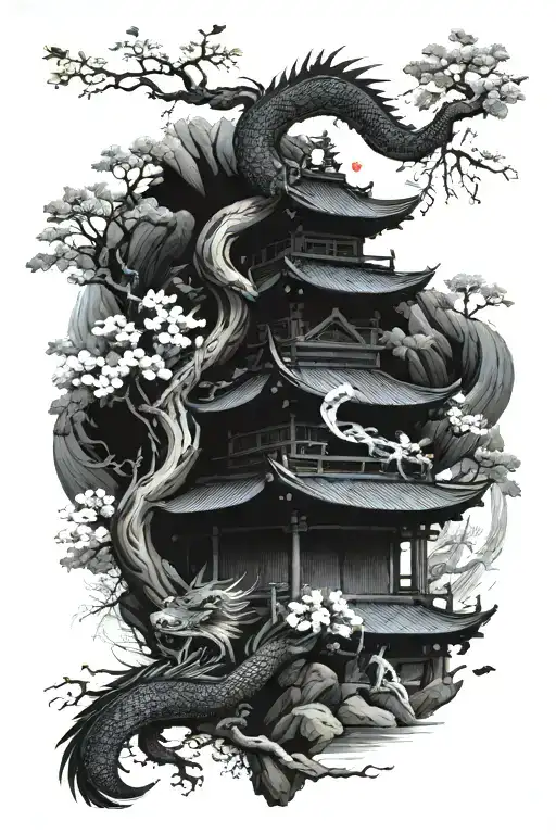 japanese temple surrounded by dragon wrapped and blossom tree tattoo design idea
