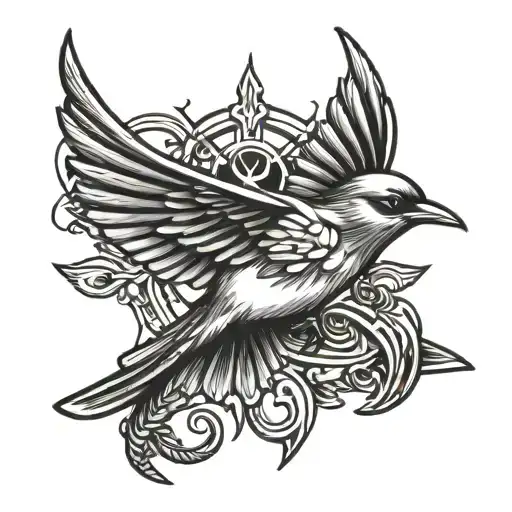 swallow holding a 3 prong trident being held tattoo design idea