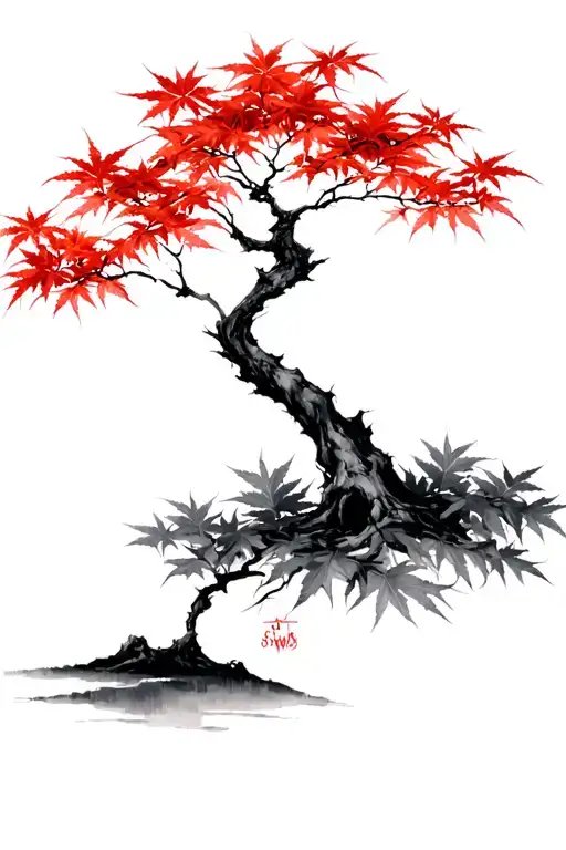 Japanese maple tree with leaves tattoo design idea