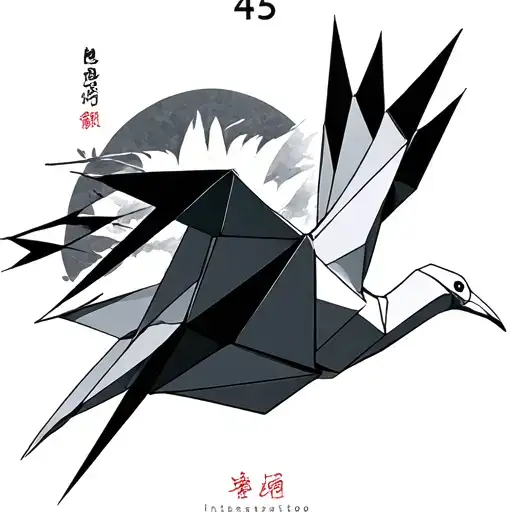 origami crane with the Japanese characters for 45 integrated tattoo design idea