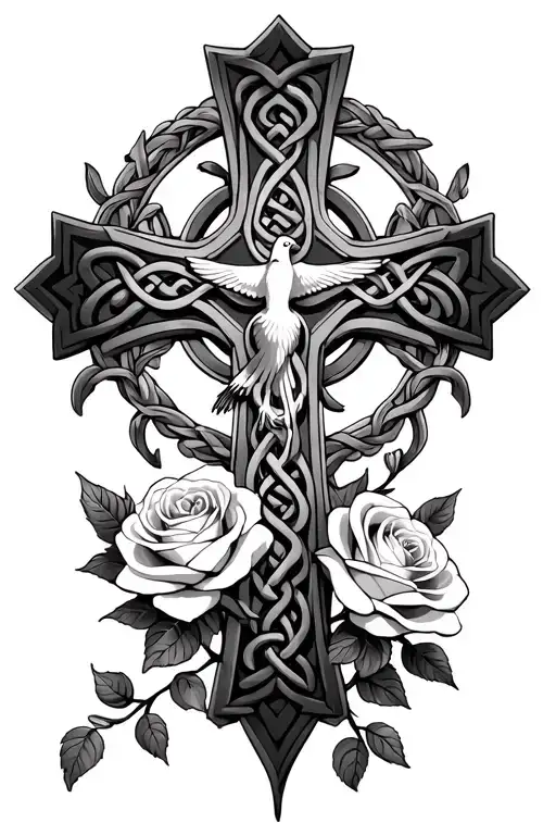 Celtic cross with three roses underneath the cross, wrapped in rose vine, and a dove flying over the top of the cross  tattoo design idea