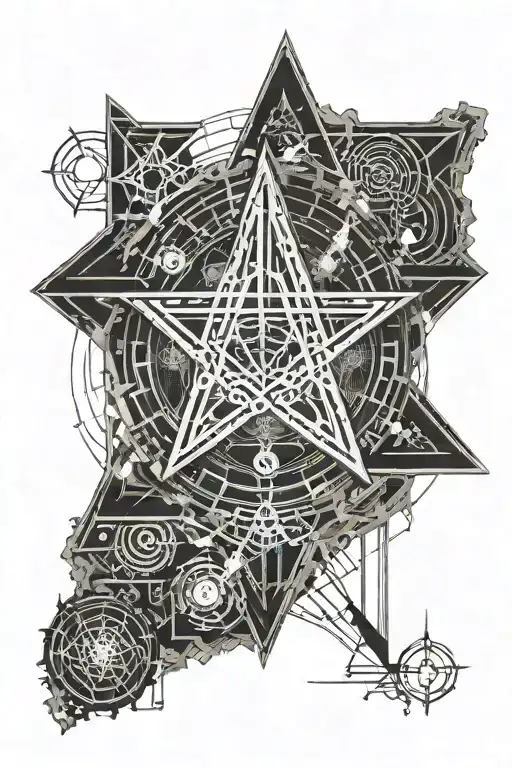 fine line inverted pentagram with gothic castles behind it   tattoo design idea