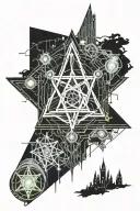 fine line inverted pentagram with gothic castles behind it   tattoo design idea
