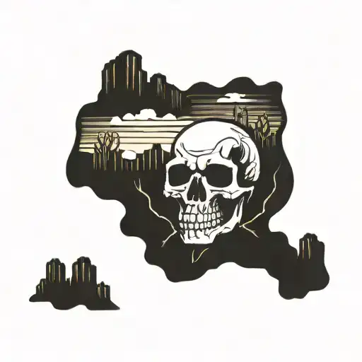 Superstition Mountains Silouhette with skull in front tattoo design idea