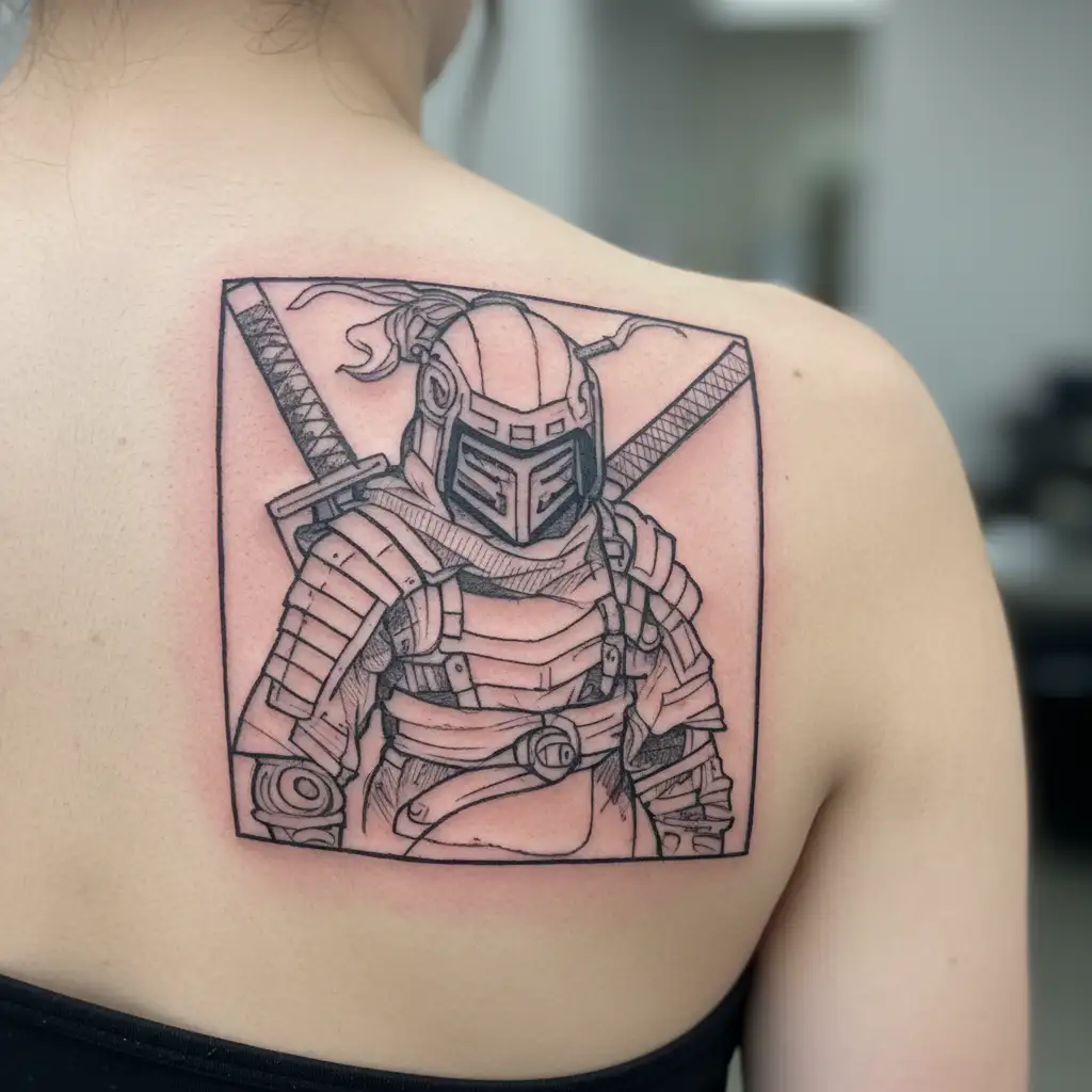 A sketch tattoo of a ronin warrior wearing a Richter mask from Hotline Miami tattoo design idea