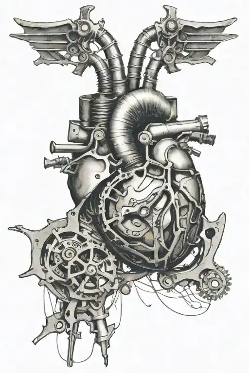 heart with mechanics on bottom and rips through skin   tattoo design idea