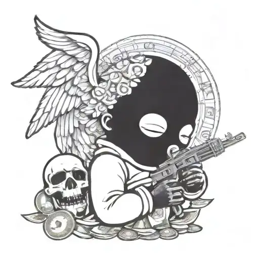 baby angel wearing skimask with AK-47 blowing cloud of smoke from bong with money stacks around him  tattoo design idea
