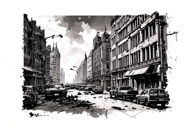 The street perspective of a bombed European city during World War II. Dredd and despair. Grayscale.  tattoo design idea