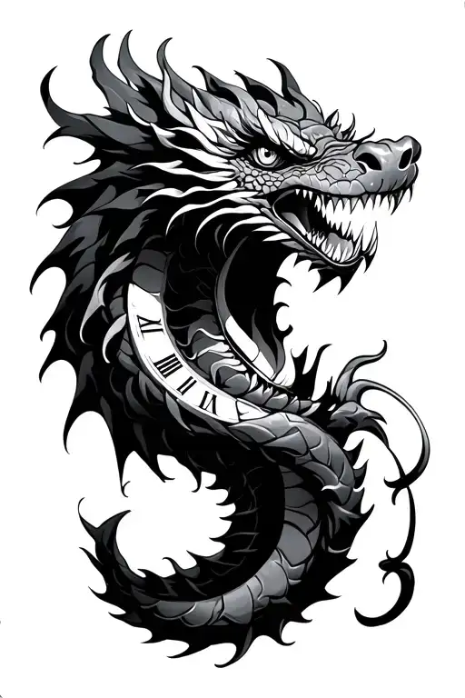 Japanese dragon mouth open wrapped around a clock tattoo design idea