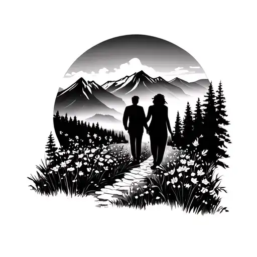 mountain with wild flowers and silhouettes of a married couple walking down a path from the back tattoo design idea