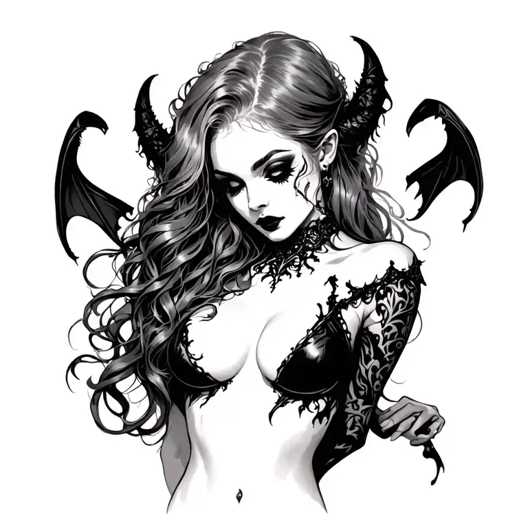 Gothic, Succubus, Big Boobs, Looking Down tattoo design idea