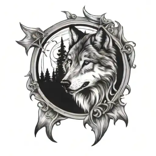 wolf and compass and moon tattoo design idea