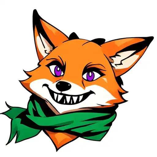 fox head, purple eyes, green scarf, smile and sharp teeth. tattoo design idea