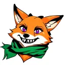 fox head, purple eyes, green scarf, smile and sharp teeth. tattoo design idea