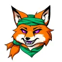 fox head, purple eyes, green scarf, smile and sharp teeth. tattoo design idea