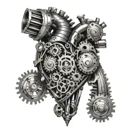 A mechanical heart design with gears and pistons, each representing a different family member, set against a backdrop of the Maltese coastline tattoo design idea