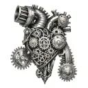 A mechanical heart design with gears and pistons, each representing a different family member, set against a backdrop of the Maltese coastline tattoo design idea