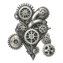 A mechanical heart design with gears and pistons, each representing a different family member, set against a backdrop of the Maltese coastline tattoo design idea