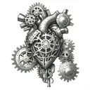 A mechanical heart design with gears and pistons, each representing a different family member, set against a backdrop of the Maltese coastline tattoo design idea