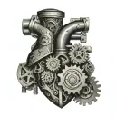 A mechanical heart design with gears and pistons, each representing a different family member, set against a backdrop of the Maltese coastline tattoo design idea