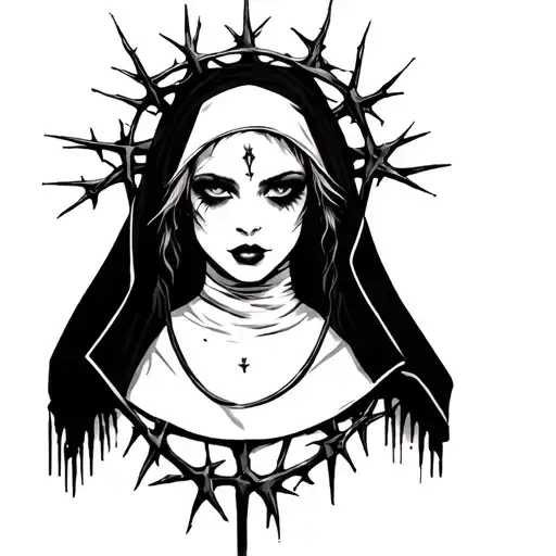 seductive emo / gothic nun with a crown of thorns tattoo design idea