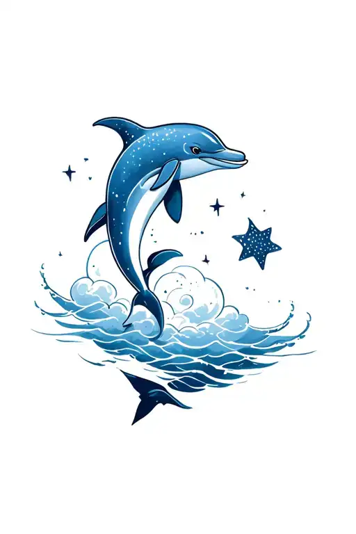 dolphin swim in cloud with moon and star tattoo design idea