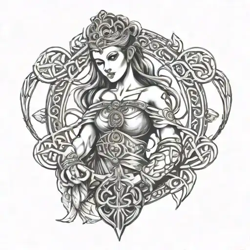 celtic warrior woman with claddagh symbol and triknot tattoo design idea