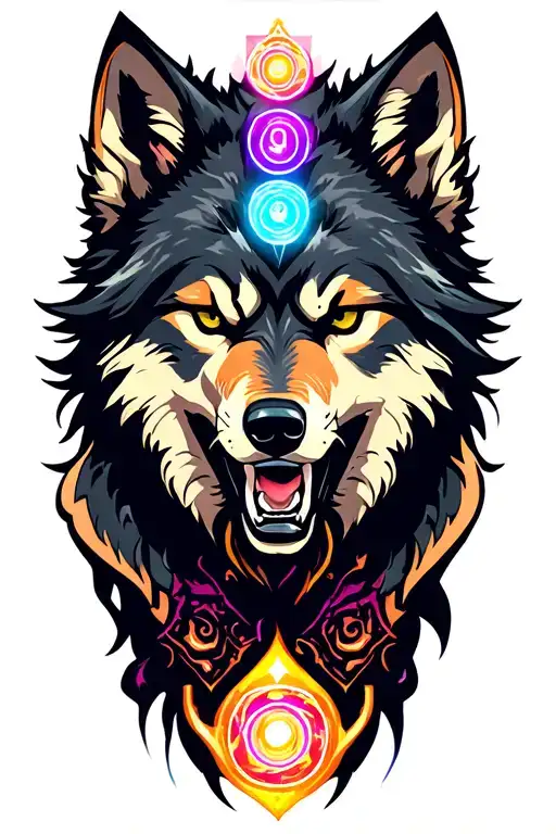 angry cyberian wolf with chakra symbol surrounded tattoo design idea