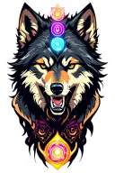 angry cyberian wolf with chakra symbol surrounded tattoo design idea