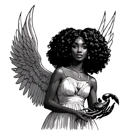 African American women holding a scorpio in her hand with afro puffs in a dress with angel wings and with Virgo in hair tattoo design idea