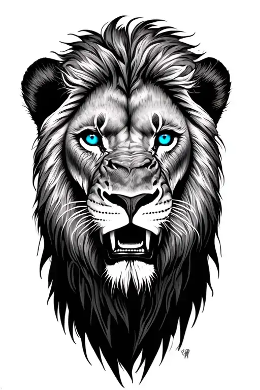 Imagine A Roaring Lion's Face,Drawn In Sharp,Minimalist Lines. The Expression Is Intense,dark blue eyes... Tattoo tattoo design idea
