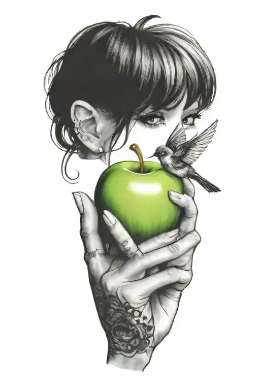 Create a sleeve tattoo featuring a green apple, a swallow, and  a womans hand with the index finger and thumb touching tattoo design idea