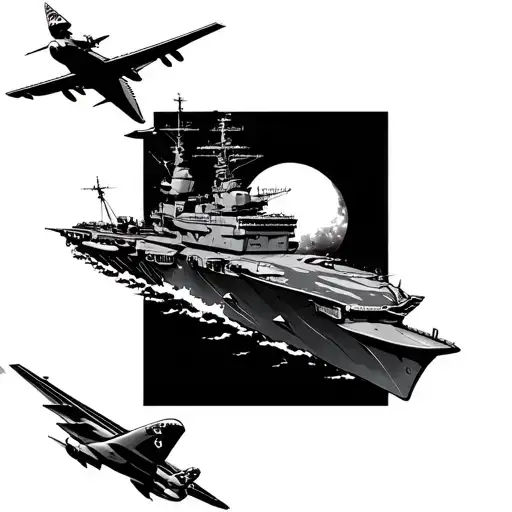 aircraft carrier and plane flying in the sky tattoo design idea