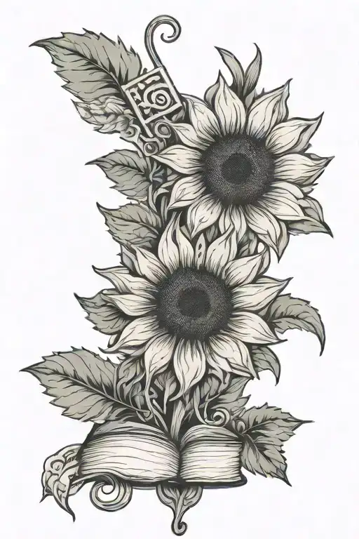 lime green ribbon for lymphoma, a sunflower for positivity and resilience, a book to symbolize your journey, and 8 leave tattoo design idea