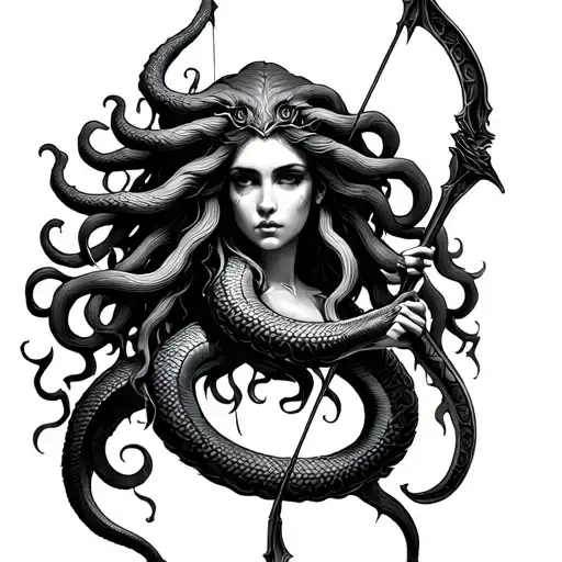 Medusa serpent body holding bow and arrow  tattoo design idea