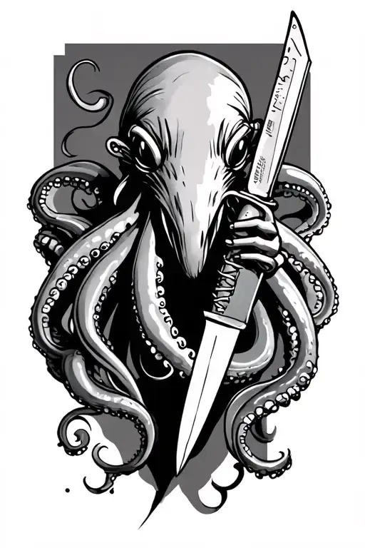 squid holding a knife and running shoes tattoo design idea