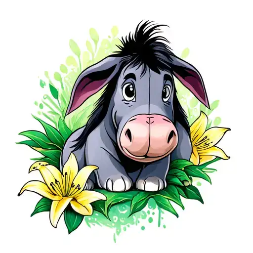 glitter eeyore with green lilies growing tattoo design idea