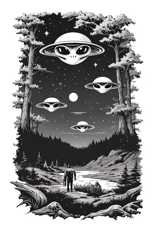 alien abduction scene in a forest landscape with night sky and aliens tattoo design idea