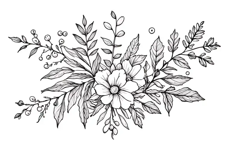 black and white. Horisontal so plants next to each other. Plants flowers berries needs to be from nordic around arm tattoo design idea