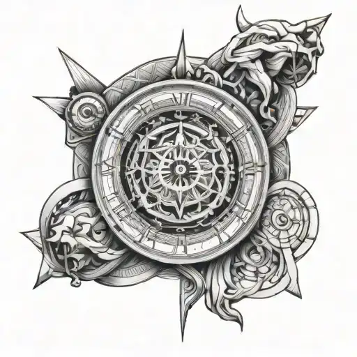 clock with eye inside and greek god holding it up on shoulders tattoo design idea