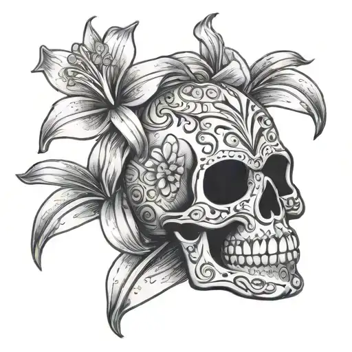 Sugar Skull with Lilly flower tattoo design idea